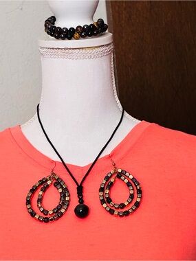 Black and Gold Beaded Hook Earrings, Bracelet And Necklace